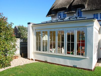 Hardwood Orangery on thatched cottage, nr Chichester West Sussex